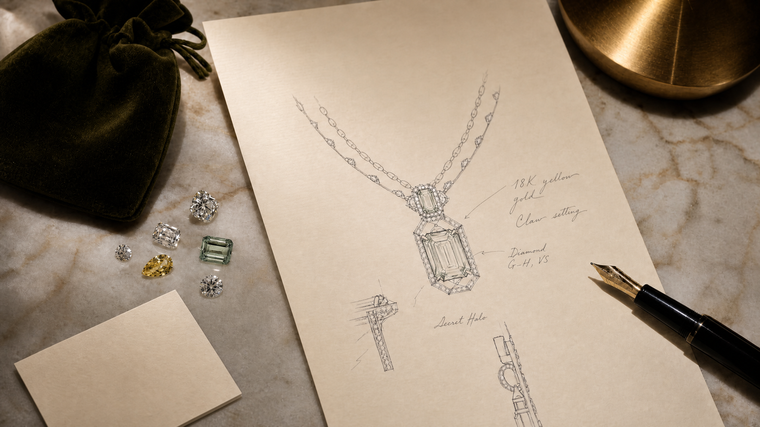 Bespoke jewelry consultation — sketches and gemstones